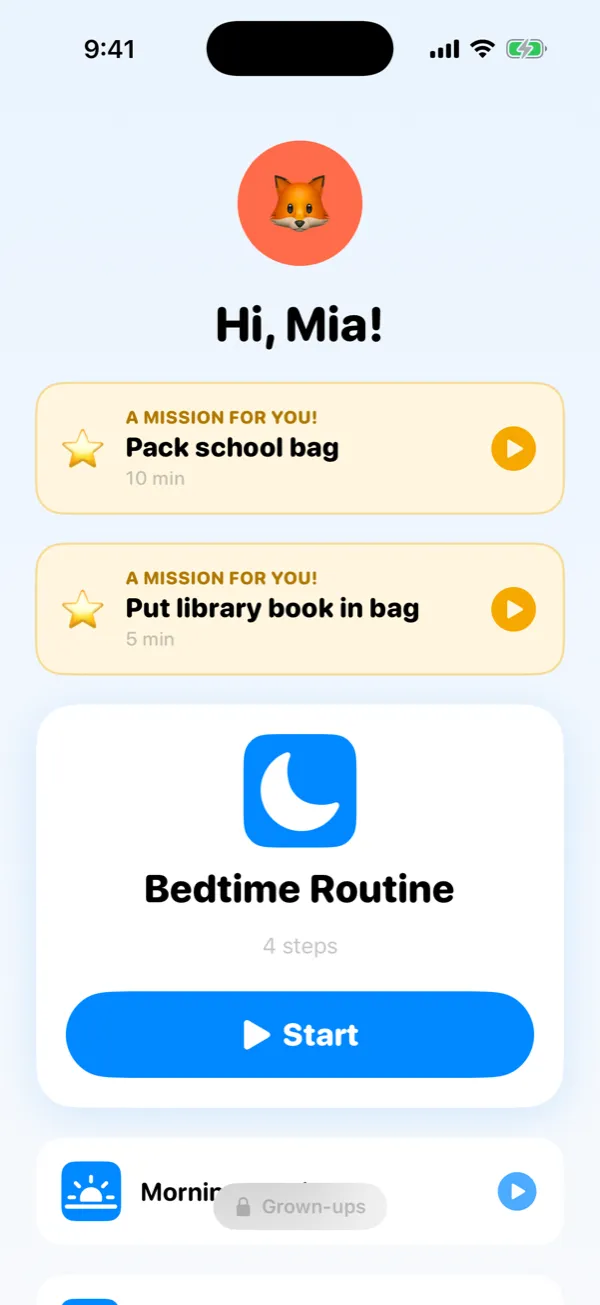 Child home screen in Family Mode: Hi Mia, two missions and the Bedtime Routine