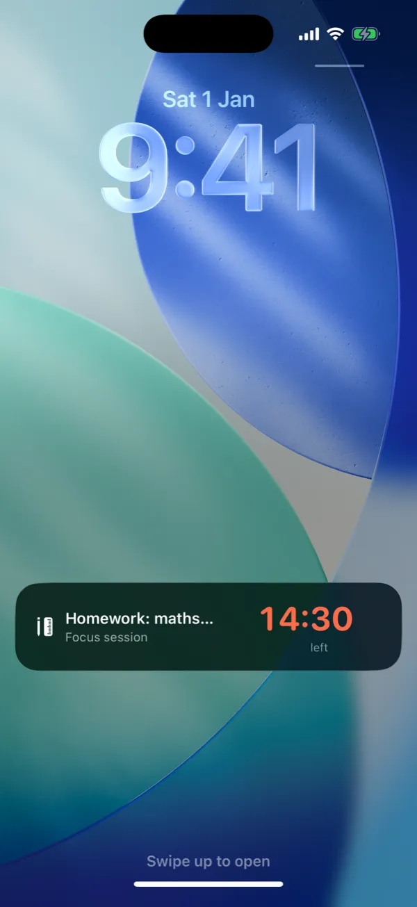 iPhone Lock Screen showing the TimeNinja timer for a homework task with 14 minutes left