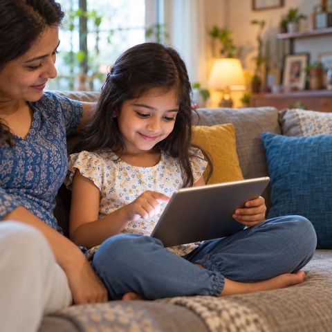 A smiling girl taps a tablet on the sofa, her mother sitting close beside her