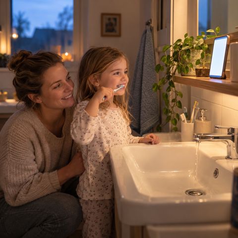A mother kneels beside her daughter, who is brushing her teeth at the bathroom sink, with a phone propped on the shelf