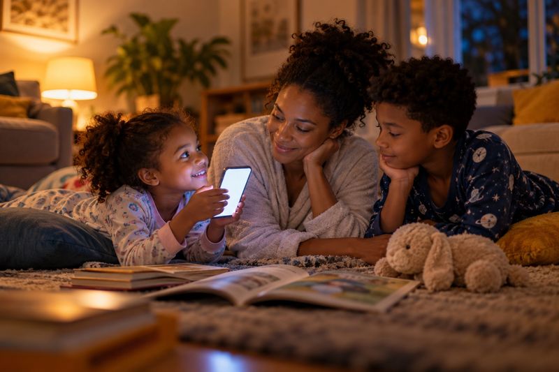 At bedtime, a girl in pajamas shows a phone to her mother on the living room rug, her brother lying beside them