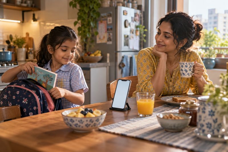 A mother with a cup of tea smiles at her daughter, who packs a book into her school bag at the breakfast table, with a phone on a stand between them