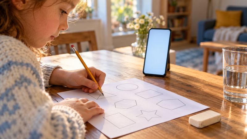 A child's hand drawing shapes on a worksheet with a pencil, with a phone standing on the desk just behind it