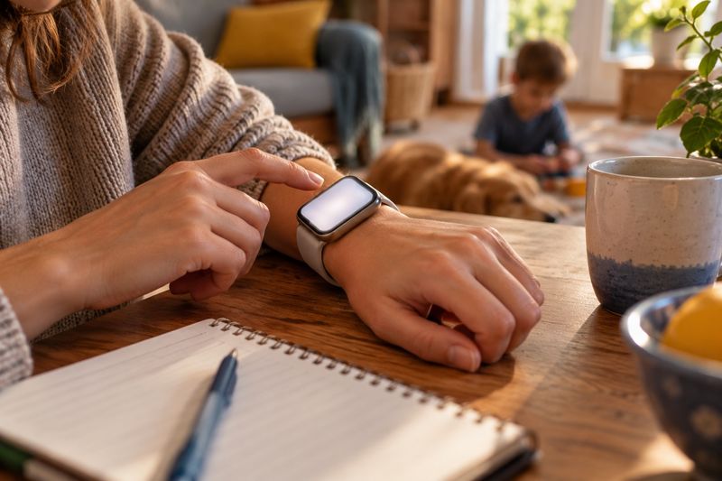 An adult reaches to tap a smartwatch on the other wrist, the hand resting by a notebook on a desk