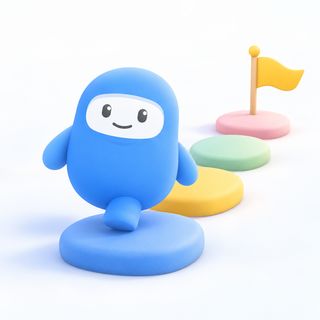 The TimeNinja mascot on a path of stepping stones that leads to a small flag