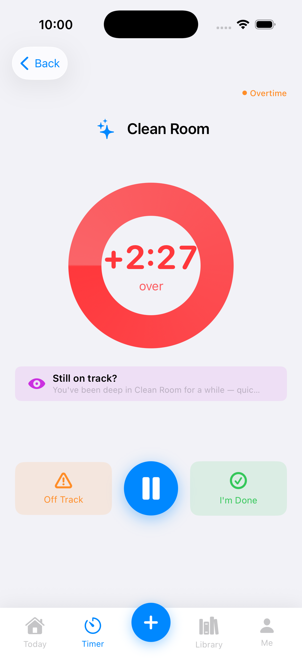 TimeNinja overtime timer with a gentle Still on track check-in banner